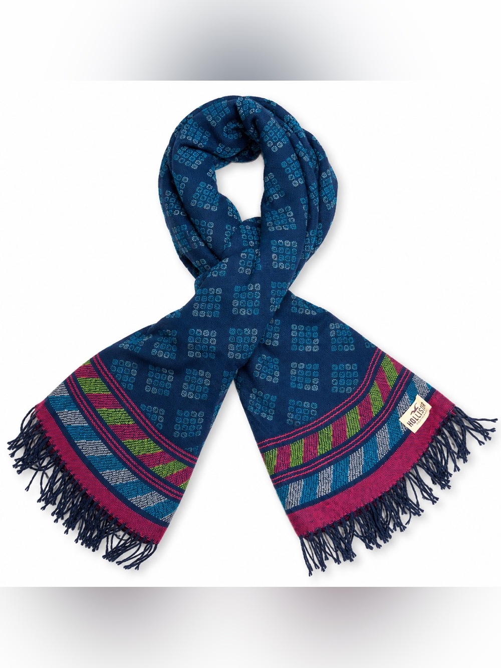 Y2K Hollister California Woven Scarf Teal Navy Geometric Fringe Boho